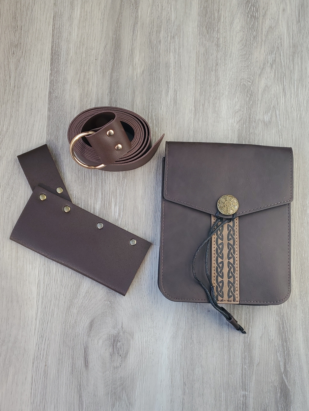 3 Pieces - Viking / Medieval Knight Dark Brown Faux Leather Belt & Accessory Set